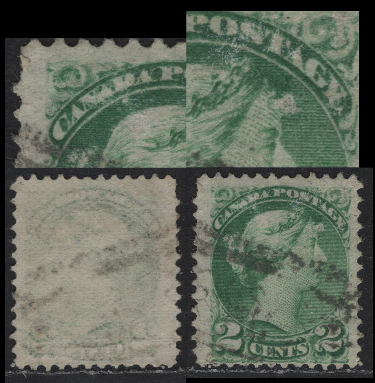 Lot 402 Canada (C)#36i 2c Grass Green , 1870-1893 Small Queen Issue, A Fine Used Single, 2nd Ottawa Printings, Showing Significant Plate Damage, Resulting In White Patches Infront of the Forehead, Above The Hair & NAD of Canada.
