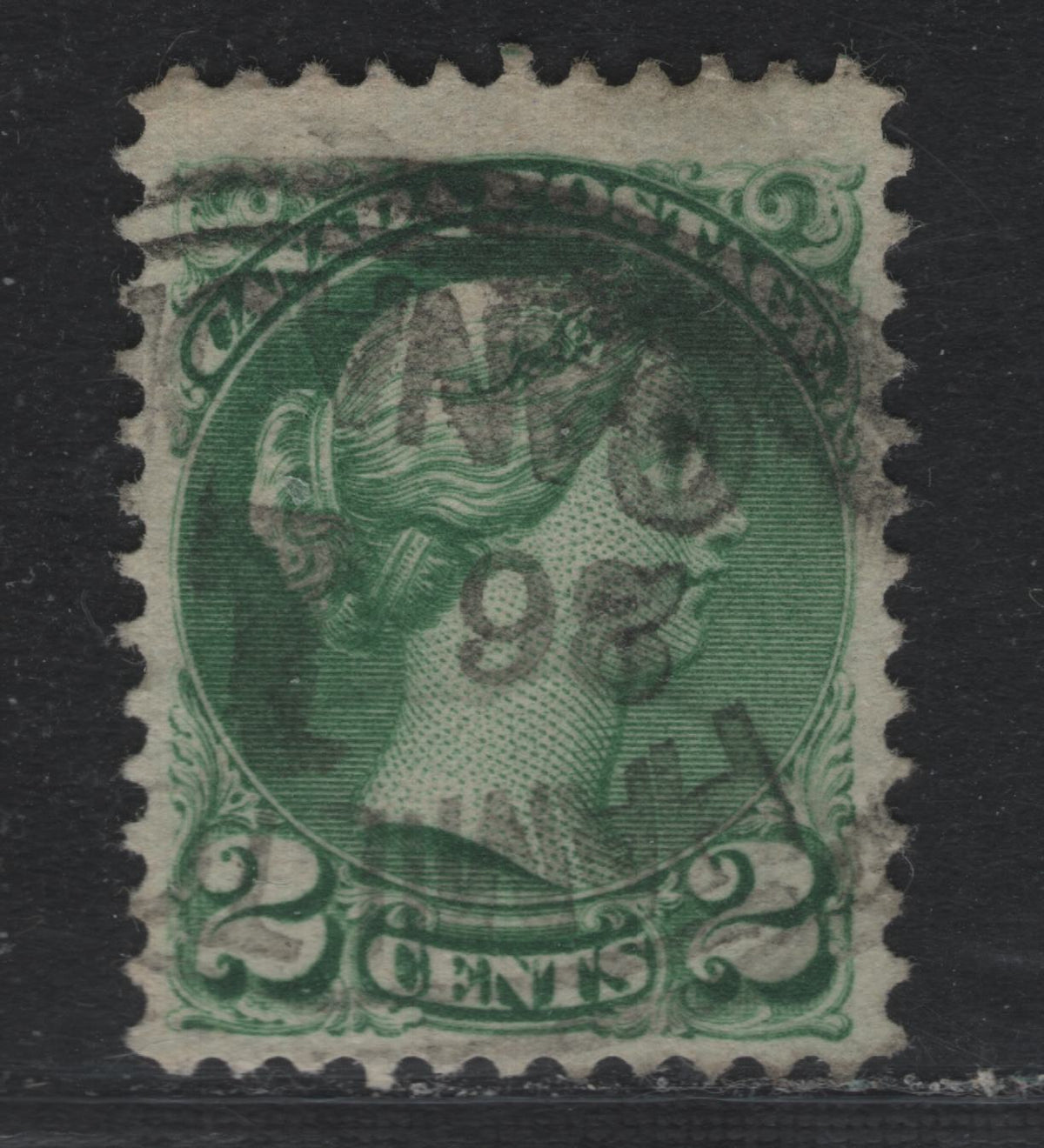 Lot 405 Canada #36i 2c Grass Green , 1870-1893 Small Queen Issue, A Fine Used Single, 2nd Ottawa Printing, Readable Strike of Oval Parcel Cancel For Hamilton, Showing oversized 1 for January In The Month, Which Is An Unusual Variation.