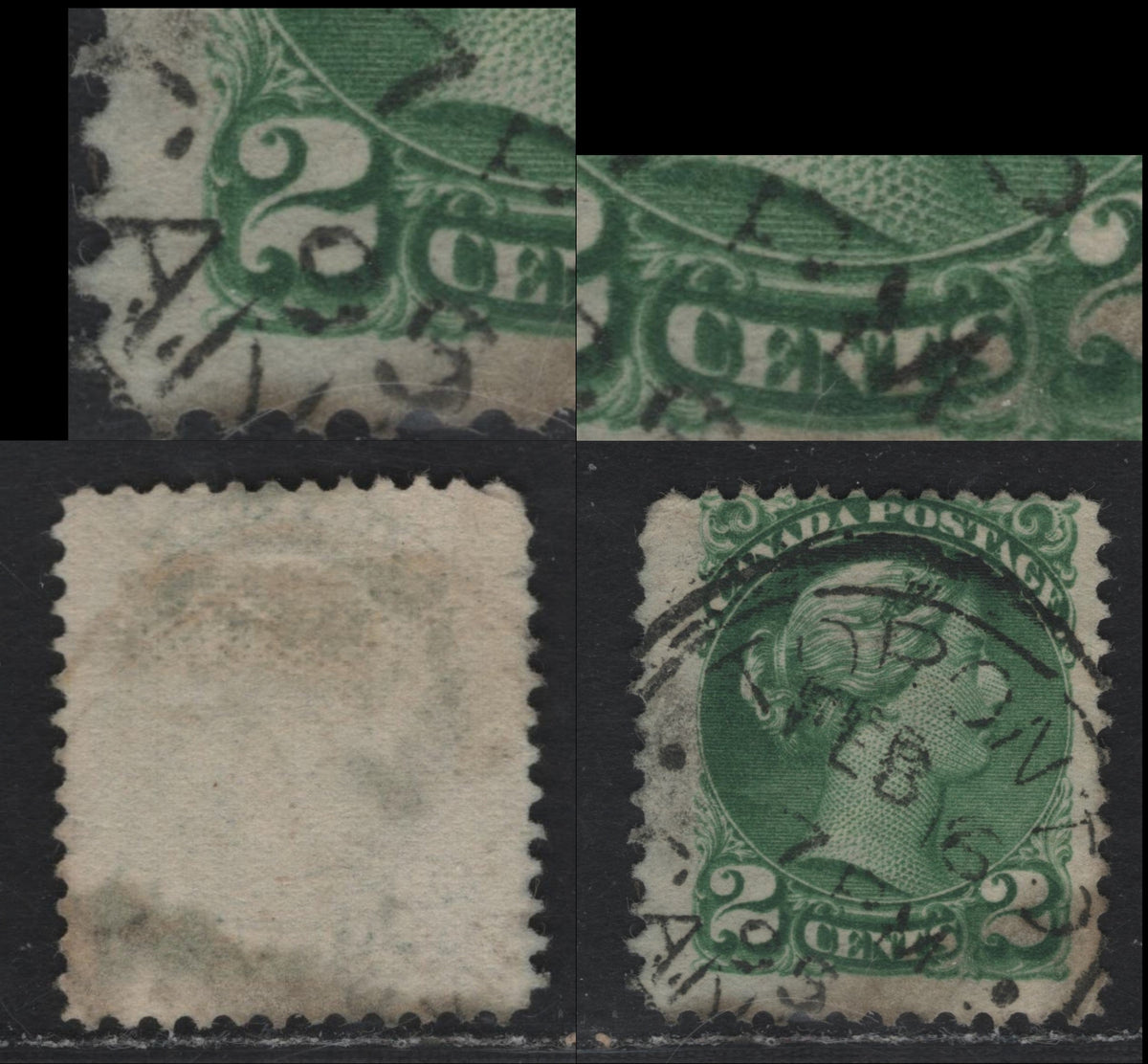 Lot 406 Canada (C)#36ivar 2c Green , 1870-1893 Small Queen Issue, A Fine Used Single, 2nd Ottawa Printing, Showing Re-Entry Consisting of Doubling of Outer Frameline At LL And 'CEN' of Cents, Unchecked As to Specific Paper Type & Perf.