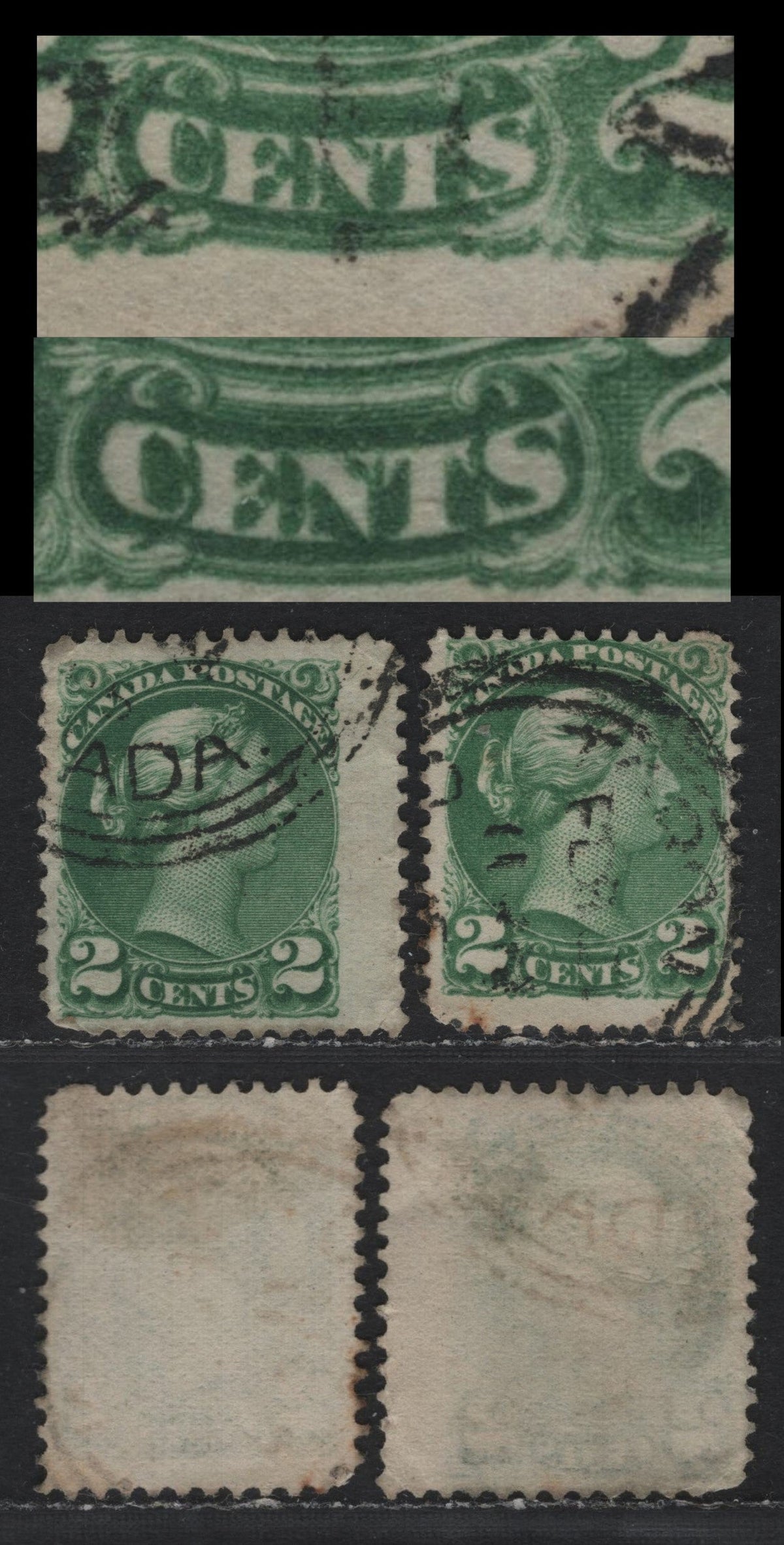 Lot 408 Canada (C)#36i 2c Green , 1870-1893 Small Queen Issue, 2 Fine Used Singles, 2nd Ottawa Printings, Both Showing Re-Entry In The Cen of Cents, Unchecked As to Specific Paper Type & Perf.