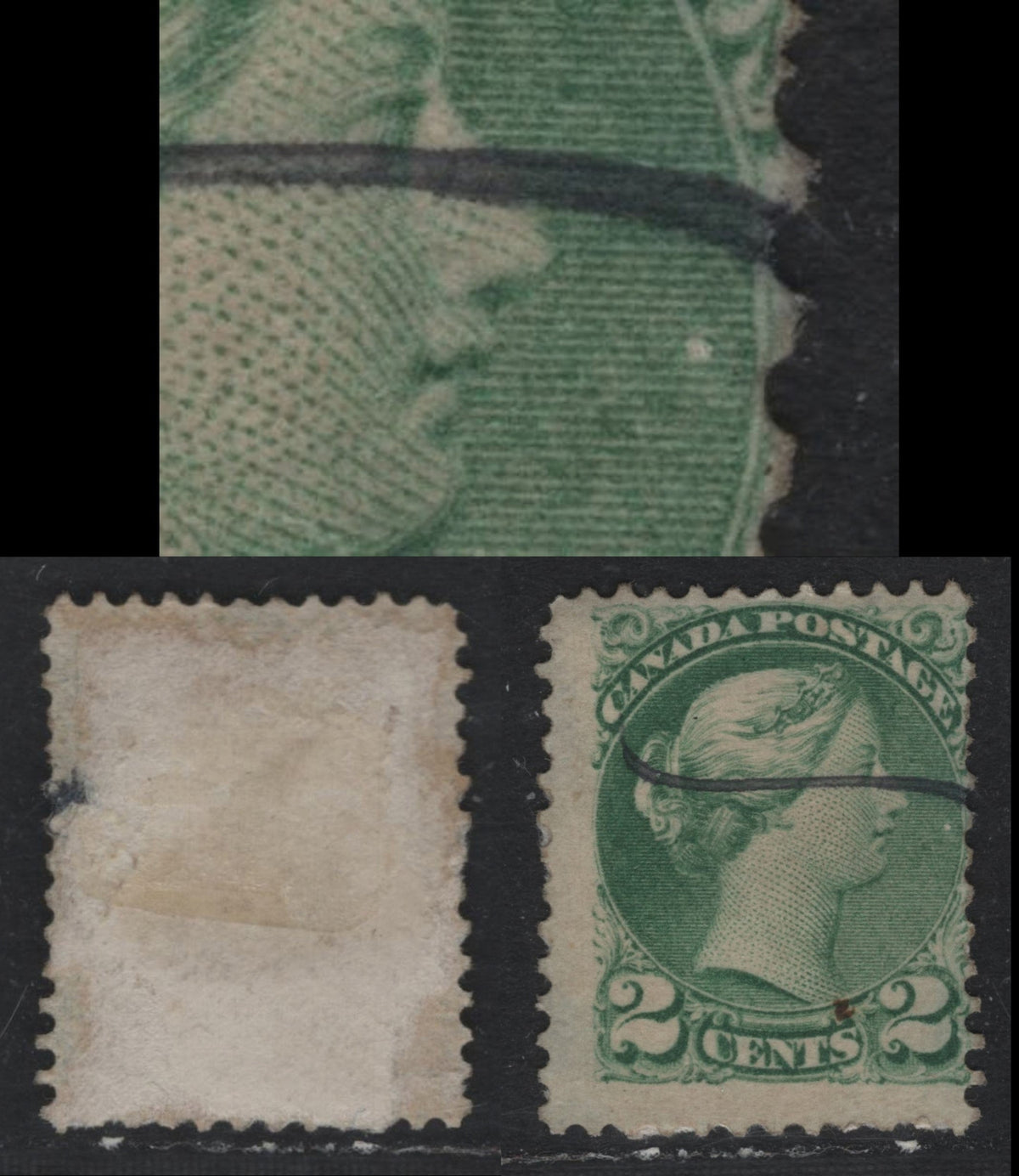 Lot 409 Canada (C)#36 2c Green , 1870-1893 Small Queen Issue, A Fine Used Single, Montreal Printing, Perf 12, Showing White Dot In The Medallion In Front of The Queen's Mouth, Unchecked As to Specific Paper Type.