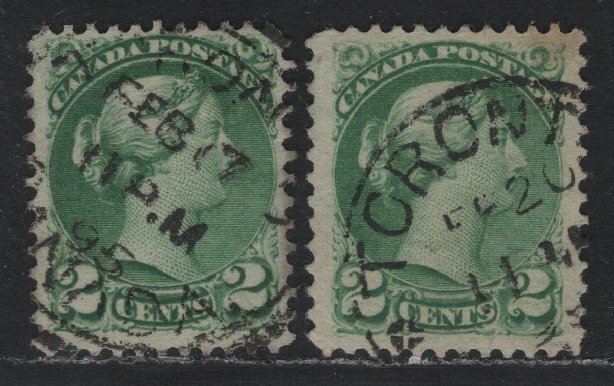 Lot 410 Canada (C)#36i 2c Dull Green , 1870-1893 Small Queen Issue, 2 Very Fine Used Singles, 2nd Ottawa Printings, Son February 17 & 20th 1893 Toronto CDS Cancels, Unchecked As to Specific Paper Type & Perf.