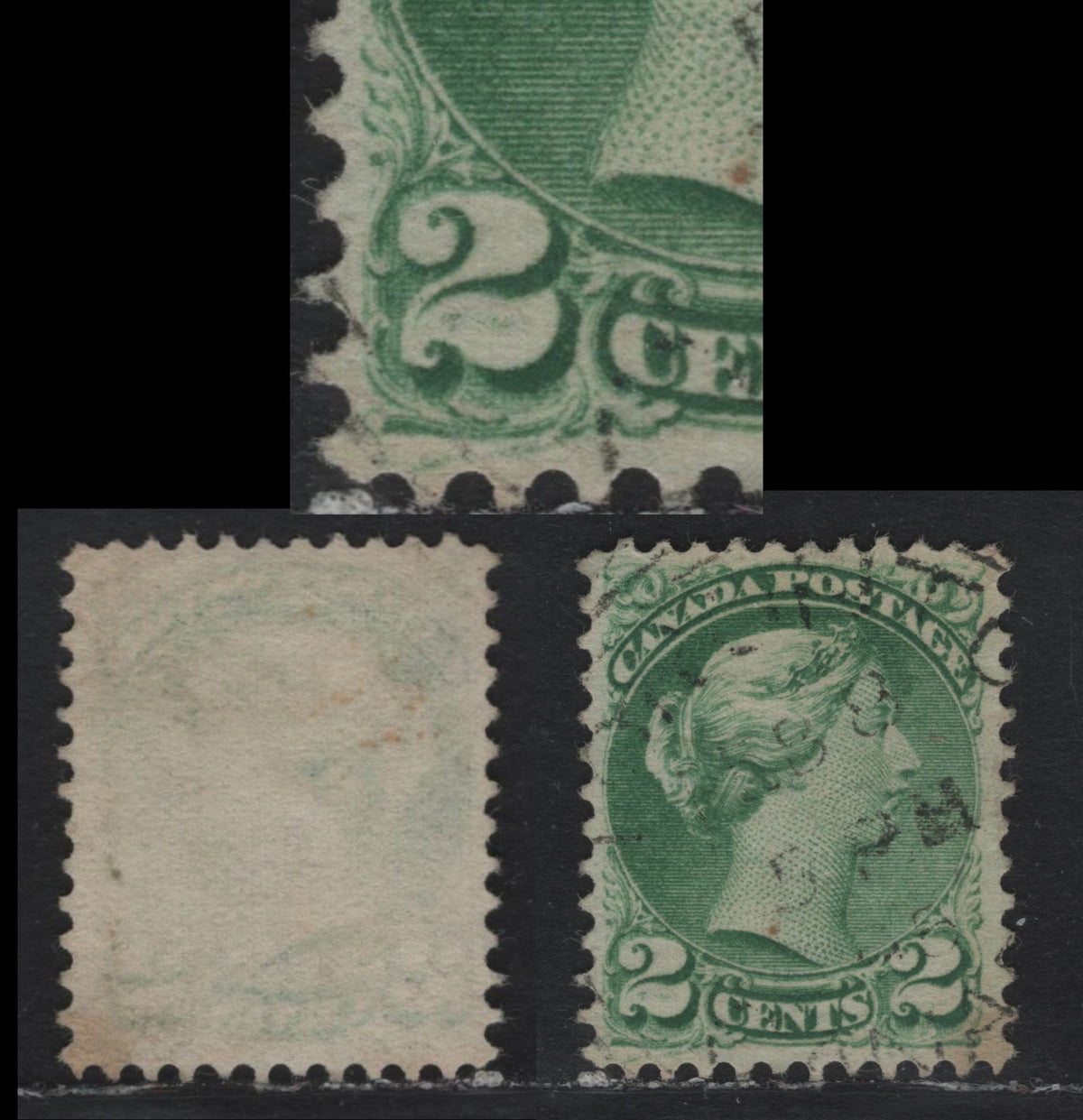 Lot 411 Canada (C)#36i 2c Green , 1870-1893 Small Queen Issue, A Very Fine Used Single, 2nd Ottawa Printing, Perf 12, Showing Smudges Inside The Left '2' And In the Margin Below This '2', Unchecked As To Paper & Perf.