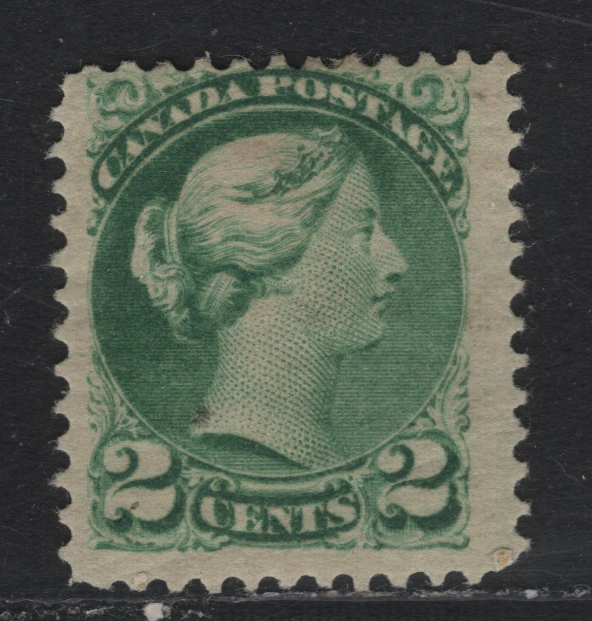 Lot 413 Canada #36i 2c Green , 1870-1893 Small Queen Issue, A VGOG Single, 2nd Ottawa Printing, Perf 11.9x12.2, Unchecked As To Specific Paper Type, Small Diagonal Gum Crease Near The Base Of The Stamp.