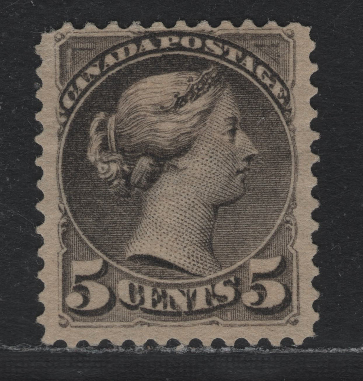 Lot 415 Canada #42 5c Deep Gray , 1888-1897 Small Queen Issue, A Good Unused Single, 2nd Ottawa Printing, Perf 12.1x12.2, Newsprint Paper, Unchecked As To Specific Type, Light Diagonal Crease & Small Hinge Thin.