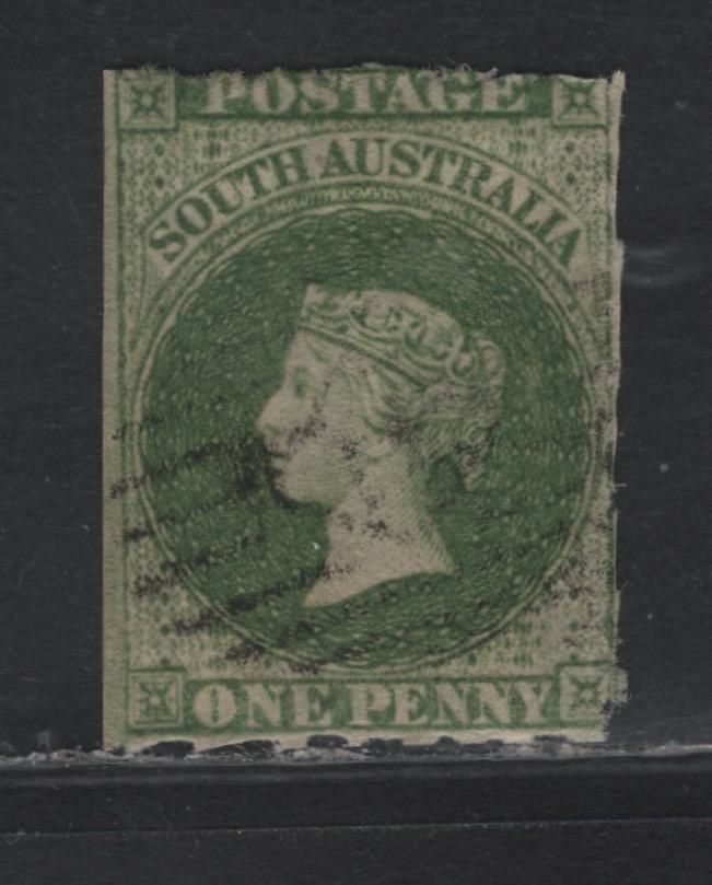 Lot 107 Australia - South Australia SG#21 1d Sage Green , 1860-1869 Second Roulette Issue, A Fine Used Single, Well Centered, Intact Roulette On 3 Sides, Clipped At left, Light Grid Cancel.