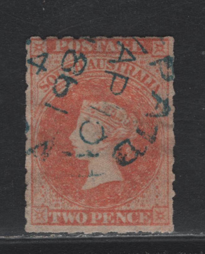 Lot 108 Australia - South Australia SG#24a 2d Pale Red , 1860-1869 Second Roulette Issue, A Very Fine Used Single, Scarce Blue SON April 10 1861 'Paid' Cancel