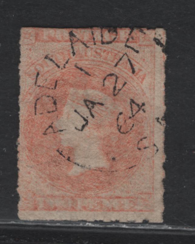 Lot 109 Australia - South Australia SG#25 2d Pale Vermillion , 1860-1869 Second Roulette Issue, A Fine Used Single, Intact Roulettes On All Sides, SON January 27 1864 Adelaide Split Ring Cancel
