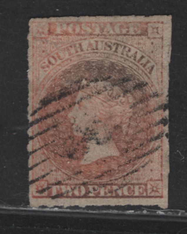 Lot 110 Australia - South Australia SG#25 2d Pale Vermillion , 1860-1869 Second Roulette Issue, A Fine Used Single, Intact Roulettes On All Sides, Readable, if Slightly Unclear #24 Diamond Grid Cancel For Gawler