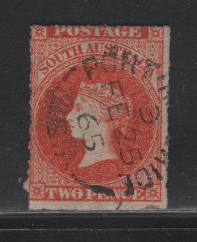 Lot 112 Australia - South Australia SG#26 2d Bright Vermillion , 1860-1869 Second Roulette Issue, A Fine Used Single, 4 Intact Roulettes, SON Port Adelaide Split Ring Cancel, Dated February 25 1865.