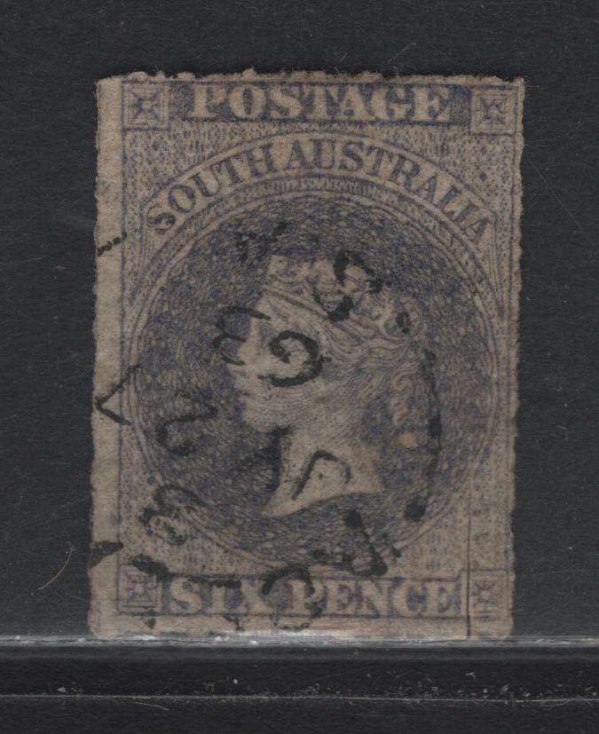 Lot 114 Australia - South Australia SG#28 6d Violet Blue , 1860-1869 Second Roulette Issue, A Good Used Single, Intact Roulettes On All Sides, Clear Adelaide Split Ring Cancel Dated July 27 1863, Sealed Scissor Cut Into The Design At LR.