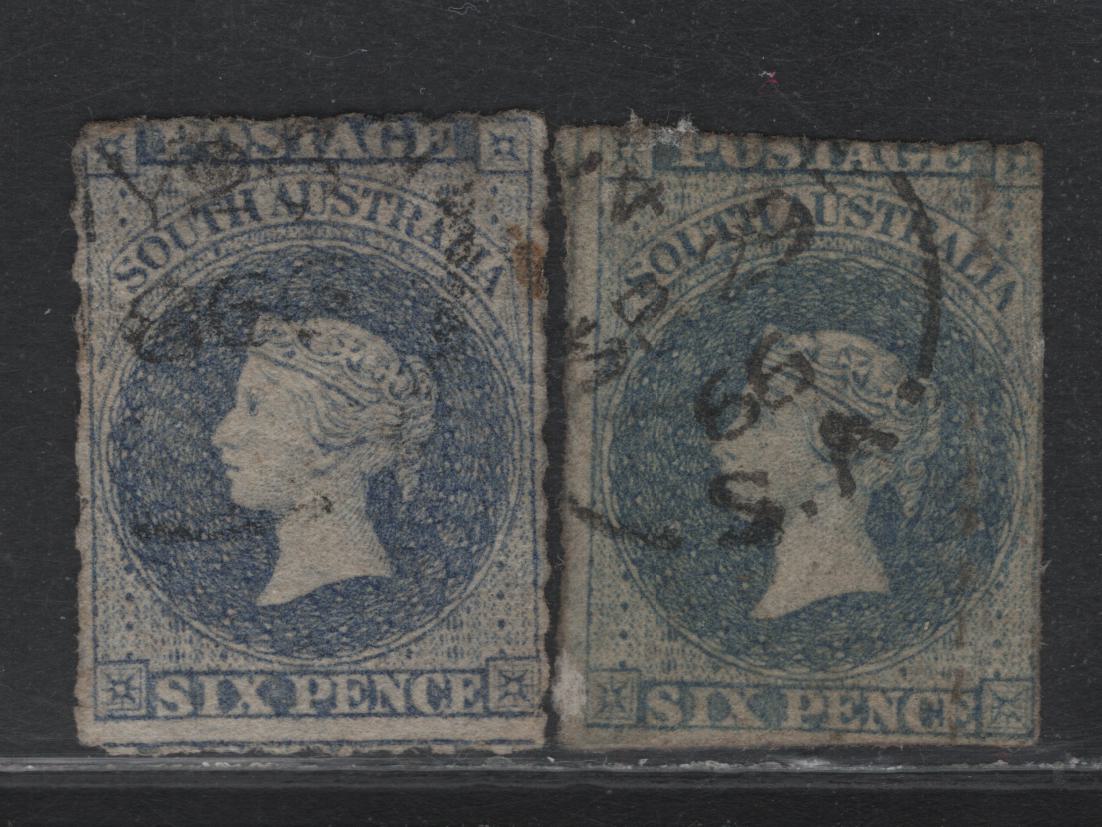 Lot 116 Australia - South Australia SG#31-32 6d Violet Ultramarine - Dull Blue , 1860-1869 Second Roulette Issue, 2 Fine/Very Fine Used Singles, 1866 & 1869 Cancels, One Stamp Is Clipped Along The Design, Actual Roulette Cuts Into The Design By 3mm