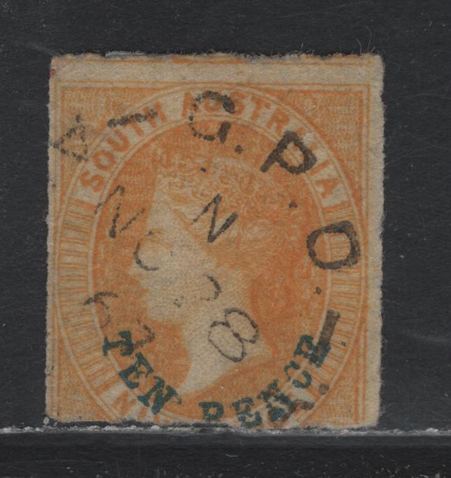 Lot 117 Australia - South Australia SG#36 10d on 9d Yellow , 1860-1869 Second Roulette Issue, A Very Good Used Single, Blue Overprint, Typically Centered, SON November 28 1867 GPO Adelaide Cancel