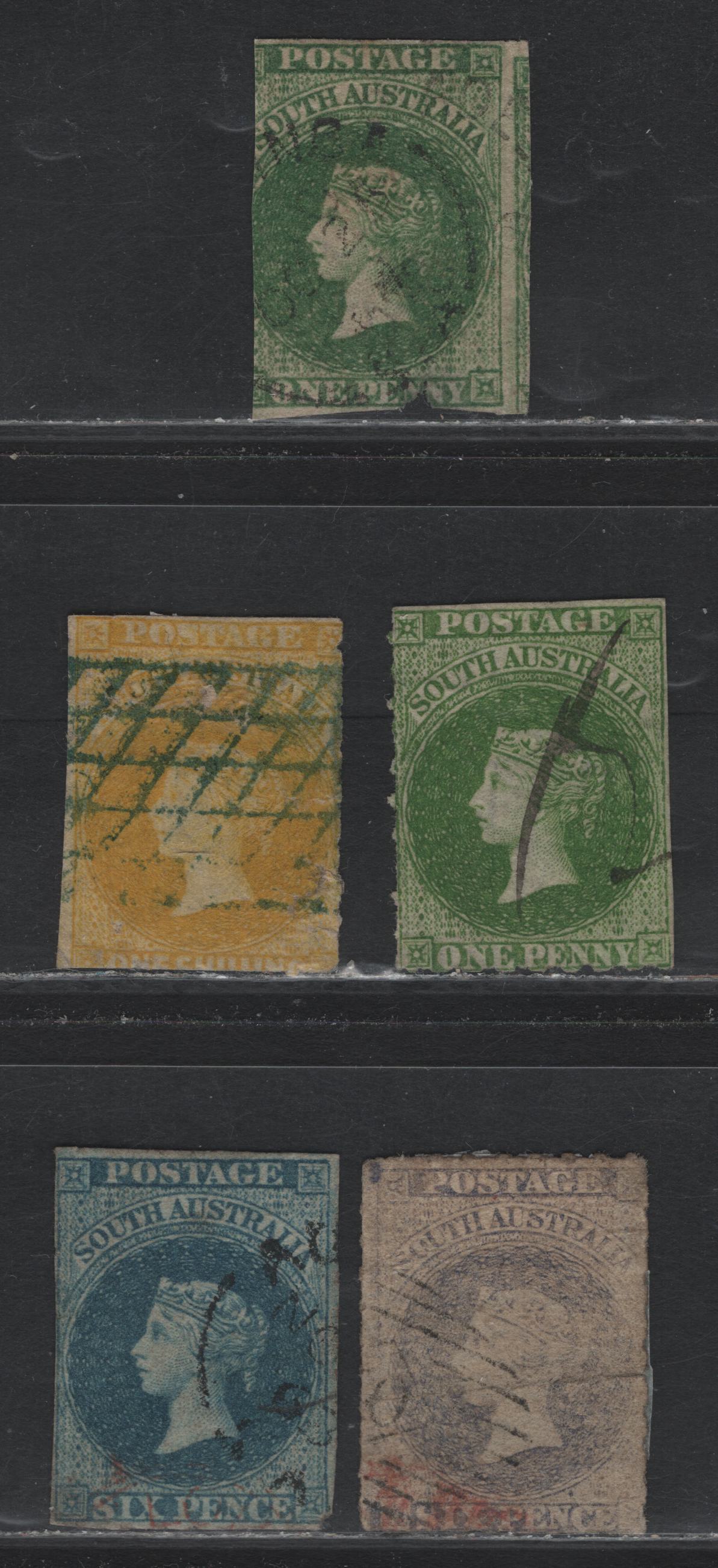 Lot 118 Australia - South Australia SG#19, 23, 28-29, 38 1d - 1/- Deep Green - Yellow , 1860-1869 Second Roulette Issue, 5 Ungraded Used Singles, Presentable But Faulty Examples, Where The Faults Mostly Consist of Cut Roulettes