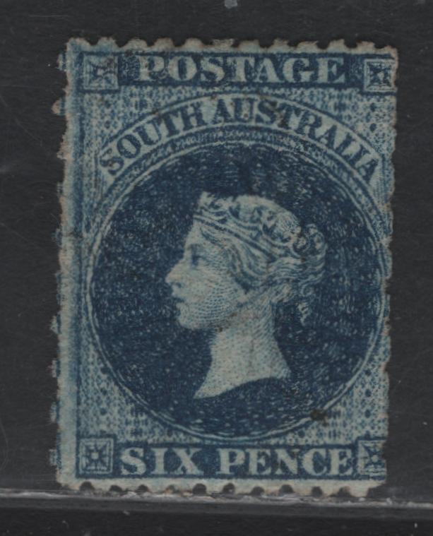 Lot 119 Australia - South Australia SG#58 6d Indigo , 1867-1870 Perforated & Rouletted Issue, A Fine Used Single, Perf 11.5-12.5 Roulette, Very Light Cancel