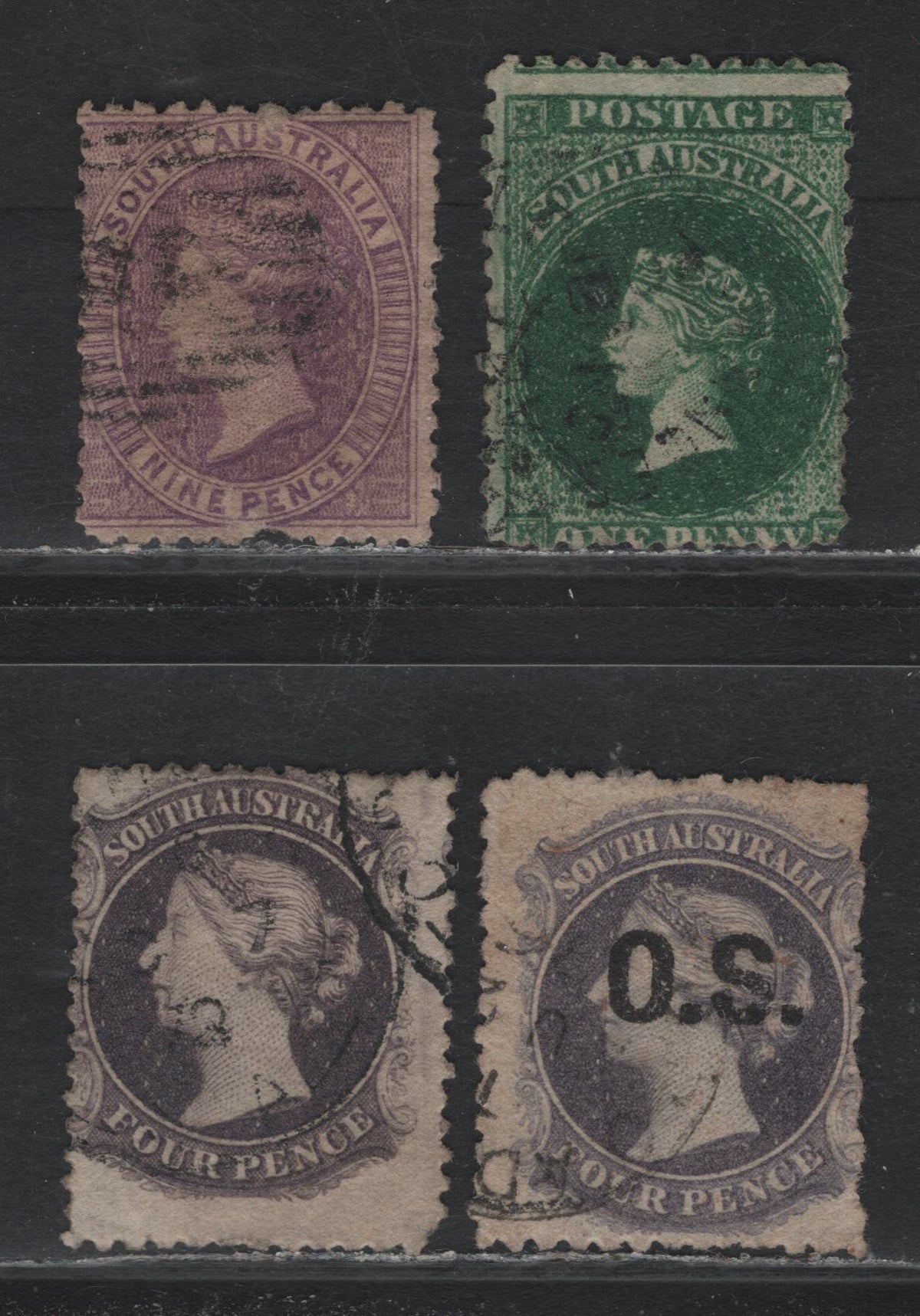Lot 120 Australia - South Australia SG#64, 71, 76, 108 1d - 9d Dark Green - Bright Mauve , 1868-1879 Humphrey Heads Perforated Issue, 4 Good/Very Good/Fine Used Singles, All Perf 11.5-12.5, Large Star Wmk