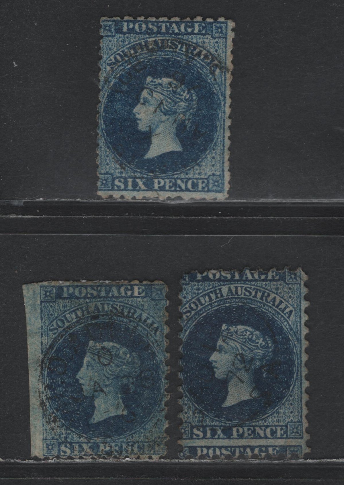 Lot 121 Australia - South Australia SG#72, 97, 105 6d Prussian Blue - Bright Pale Blue , 1868-1879 Humphrey Heads Perforated Issue, 3 Fine Used Singles, Perfs 11.5-12.5, 10 &11.5-12.5x10, Large Star Wmk