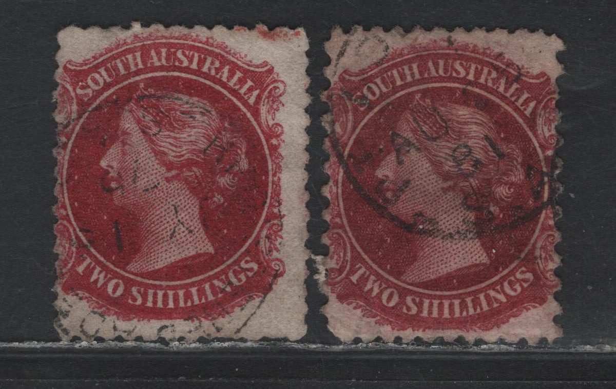 Lot 122 Australia - South Australia SG#87, 110 2/- Crimson Carmine - Carmine , 1868-1873 Humphries Heads Issues, 2 Very Good/Fine Used Singles, Perf 11.5-12.5, Large Star Wmk, Stamp With Compound Perf Is Well Centered But Has A Shallow Thin.