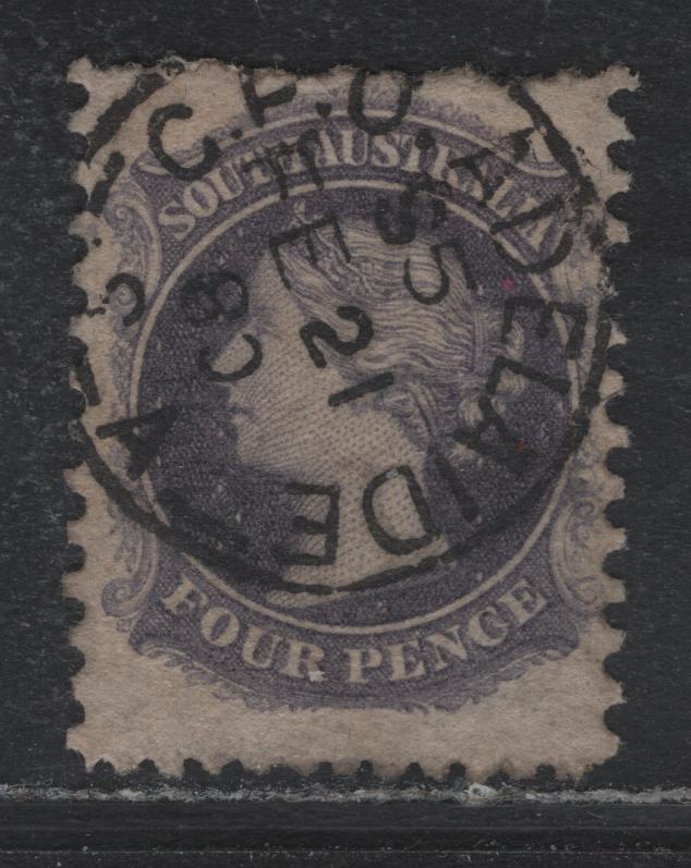 Lot 125 Australia - South Australia SG#137 4d Violet Shade , 1876-1900 Humphreys Head Issue, A Fine Used Single, Broad Star Wmk, Perf 11.5-12.5x10, SON February 21 1880 GPO Adelaide CDS Cancel.