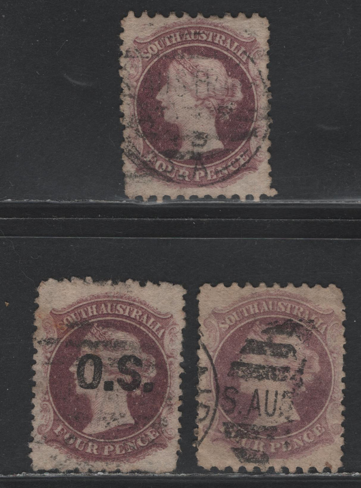Lot 126 Australia - South Australia SG#198, O16 4d Dull Purple - Plum , 1876-1885 Queen Victoria Engraved Sideface Issue, 2 Very Fine Used Singles, Large Truncated Star Wmk, Perf 10x11.5-12.5 & 11.5-12.5