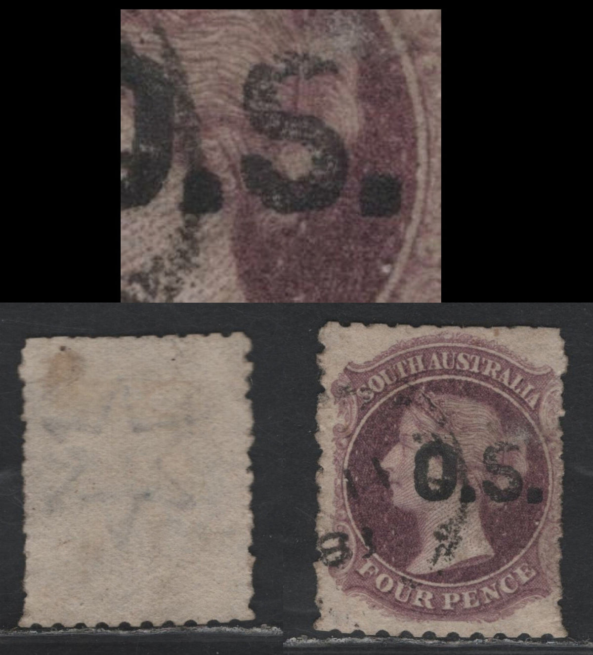 Lot 127 Australia - South Australia SG#O17var 4d Deep Mauve , 1876-1885 Queen Victoria Engraved Sideface Issue, A Fine Used Single, Broad Star Wmk, Perf 10x11.5-12.5, Showing Short S Variety From Pos. 10 Of The Sheet.