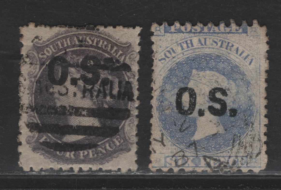 Lot 128 Australia - South Australia SG#O19, O23 4d - 6d Violet Slate - Bright Ultramarine , 1876-1885 Humphries Heads Overprinted OS Issue, 2 Very Fine Used Singles, Broad Star Wmk, Perf 10x11.5-12.5 & 11.5-12.5