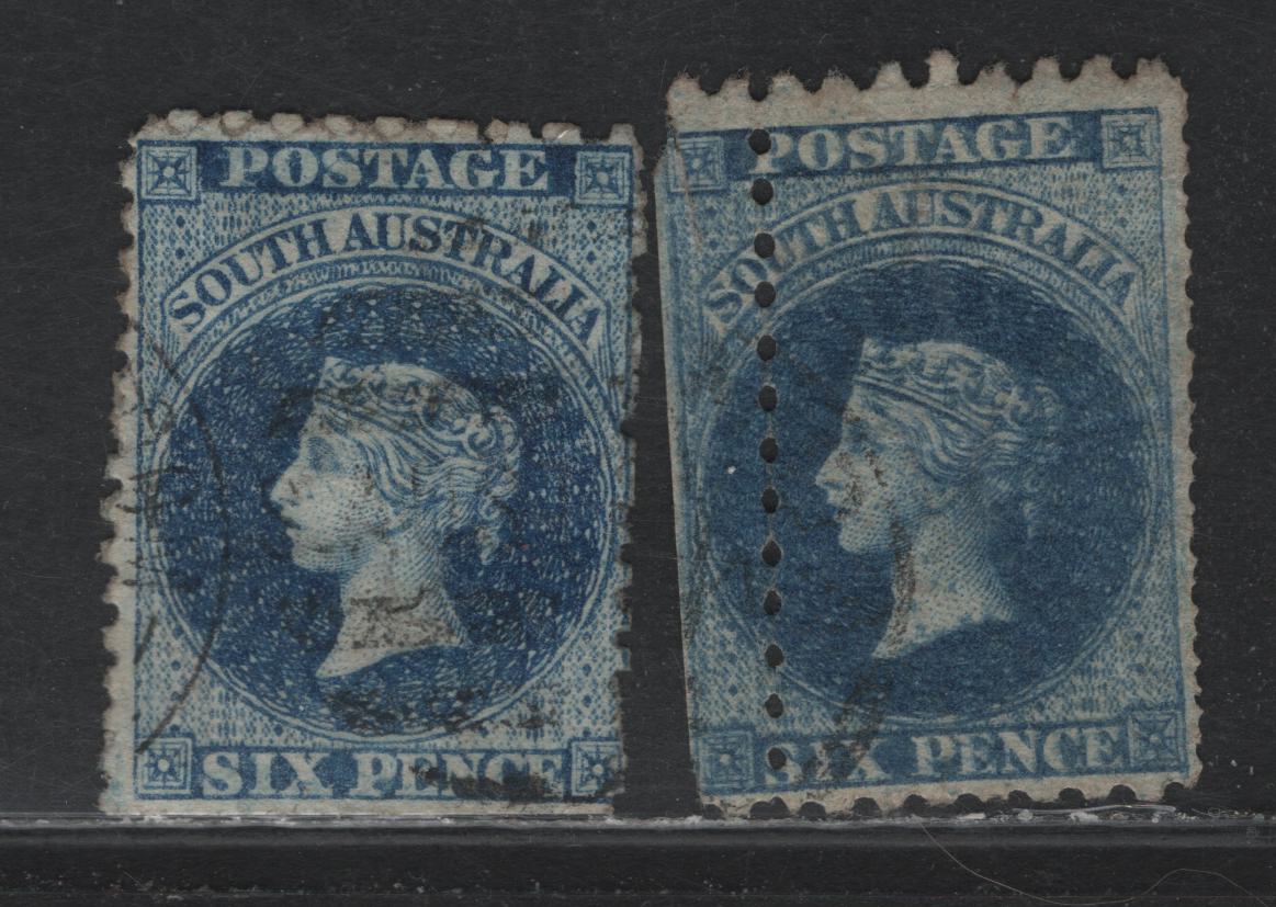 Lot 129 Australia - South Australia SG#140, 140var 6d Bright Blue , 1876-1900 Humphreys Head Issue, 2 Good/Fine Used Singles, Truncated Broad Star Wmk, Perf 10x11.5-12.5, One With Straight Edge On Bottom, One With Major Perf Misalignment 3mm Into Design.