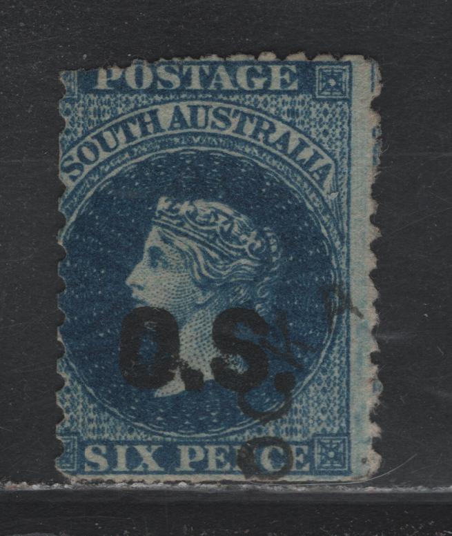 Lot 130 Australia - South Australia SG#O18c 6d Bright Blue , 1876-1885 Humphries Heads Overprinted OS Issue, A Good Used Single, Broad Star Wmk, Perf 11.5-12.5x11.5-12.5x11.5-12.5x10, Scarce Compound 3 Gauge Perf, Several Short Perfs.