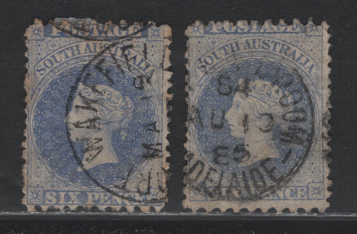 Lot 131 Australia - South Australia SG#141 6d Bright Ultramarine , 1876-1900 Humphreys Head Issue, 2 Fine Used Singles, Perf 10x11.5-12.5, Broad Star Wmk, August 10 1886 Adelaide Ship Mail Room & Port Wakefield Cancels.