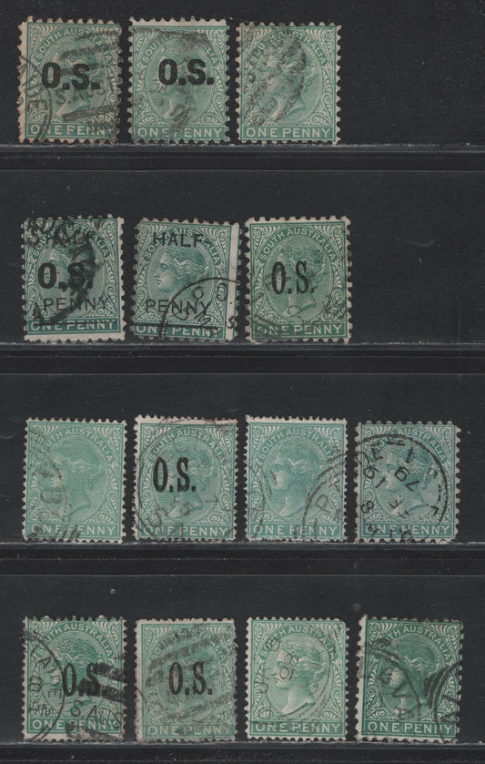 Lot 132 Australia - South Australia SG#167-b, O43, 173, O54, 181, O48, O56, 175-a, O58 1d and 1/2s on 1d Blue Green - Milky Green , 1876-1904 Queen Victoria Surface Printed Sideface Issue, 14 Fine/Very Fine Used Singles