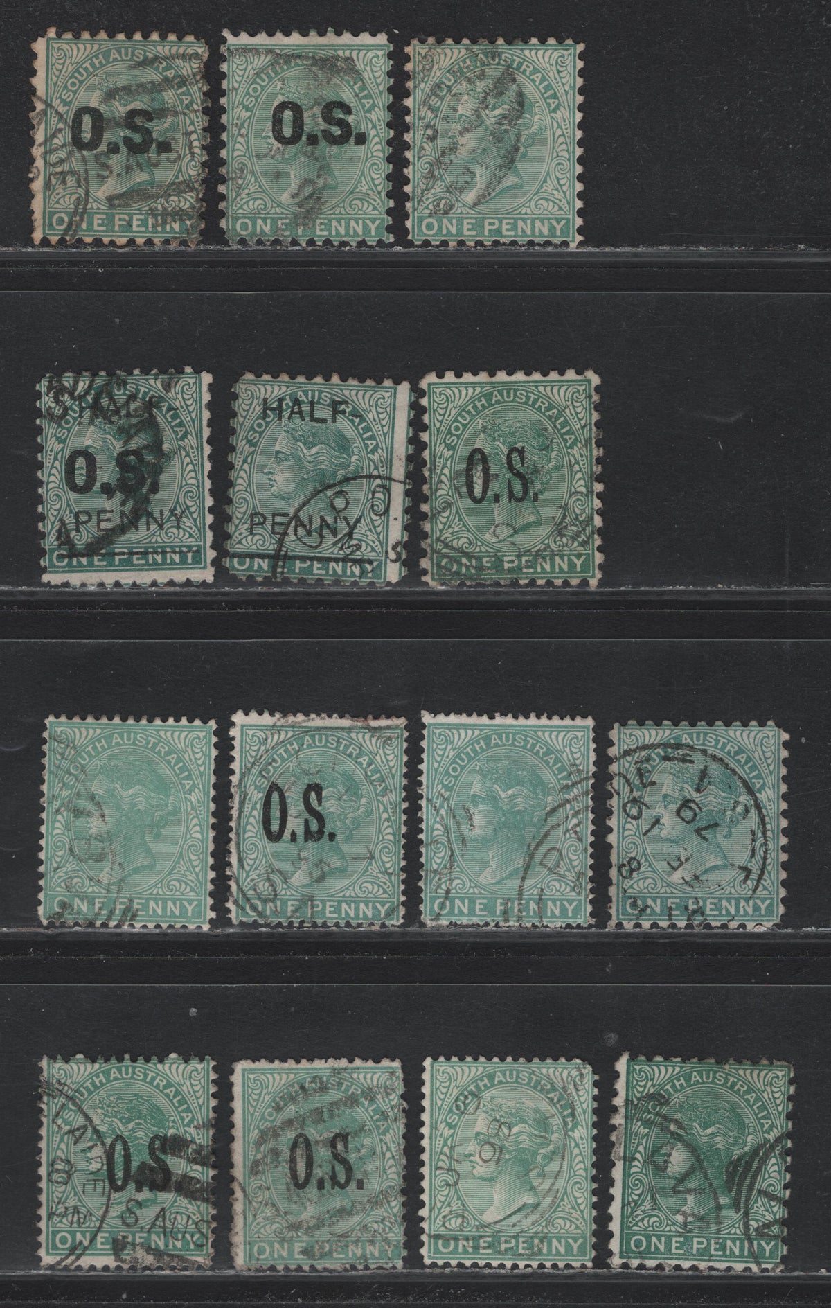 Lot 132 Australia - South Australia SG#167-b, O43, 173, O54, 181, O48, O56, 175-a, O58 1d and 1/2s on 1d Blue Green - Milky Green , 1876-1904 Queen Victoria Surface Printed Sideface Issue, 14 Fine/Very Fine Used Singles