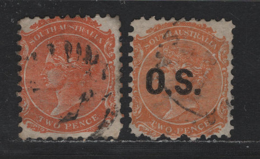 Lot 133 Australia - South Australia SG#160, O38 2d Orange Red , 1876-1904 Queen Victoria Surface Printed Sideface Issue, 2 Fine/Very Fine Used Singles, Normal & Overprinted OS, Broad Crown Over Sa Wmk (Wmk 10), Perf 10.
