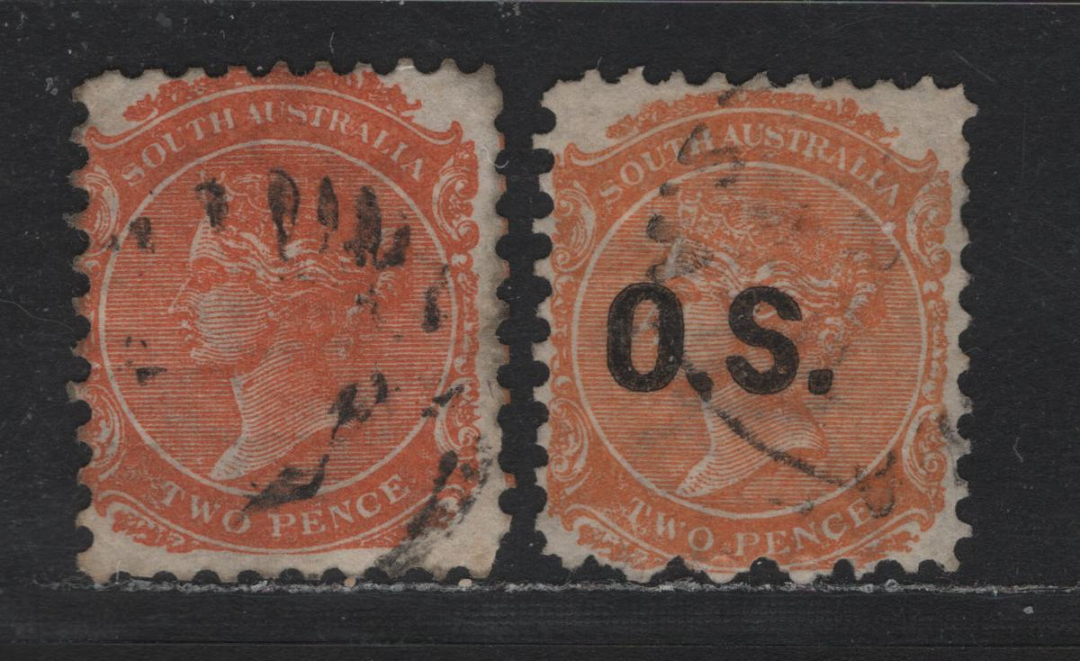 Lot 133 Australia - South Australia SG#160, O38 2d Orange Red , 1876-1904 Queen Victoria Surface Printed Sideface Issue, 2 Fine/Very Fine Used Singles, Normal & Overprinted OS, Broad Crown Over Sa Wmk (Wmk 10), Perf 10.