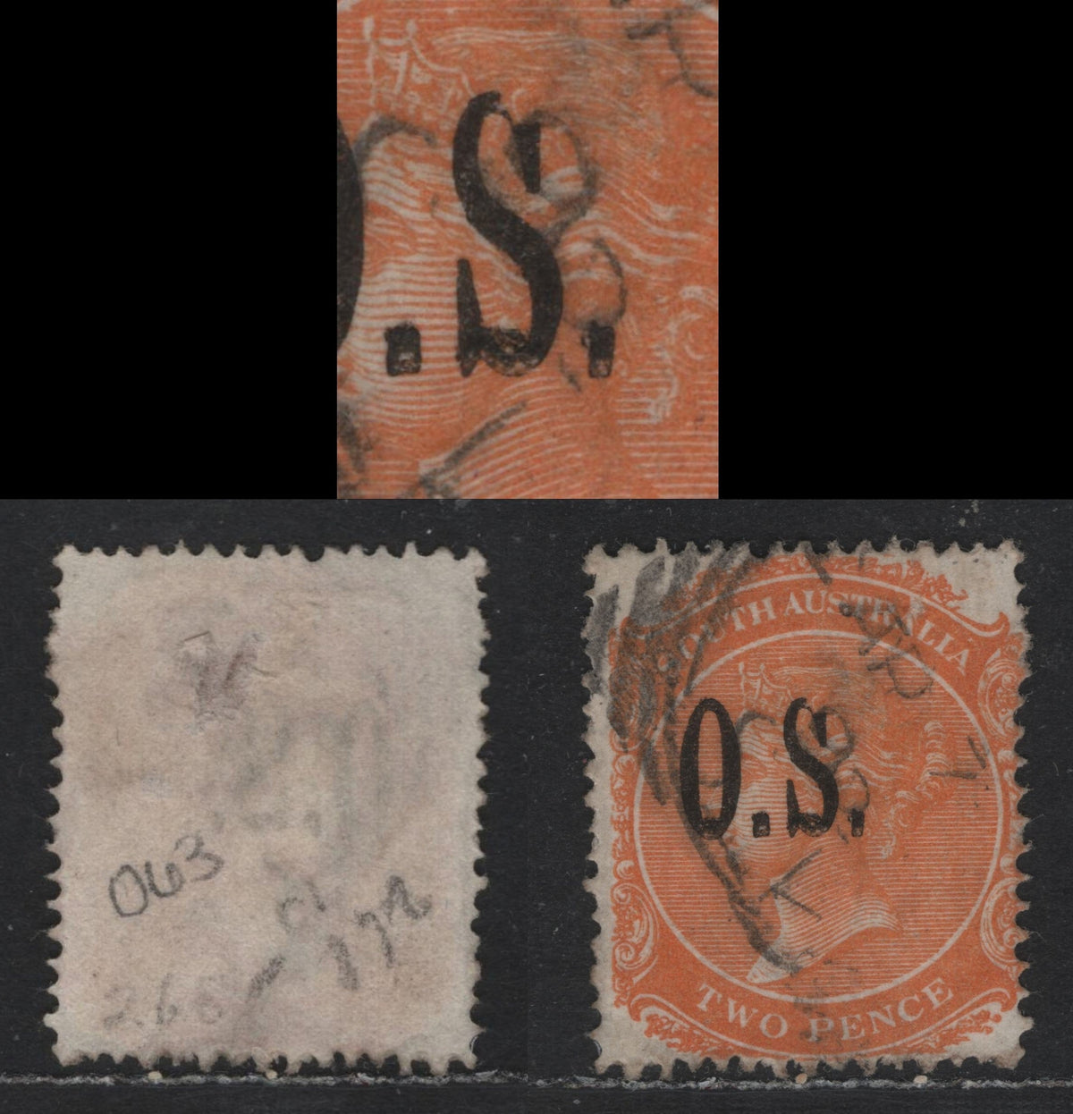Lot 139 Australia - South Australia SG#O57var 2d Orange Red , 1876-1904 Queen Victoria Surface Printed Sideface Issue, A Very Fine Used Single, Type 2 OS Overprint, Showing Damaged Top Loop Of S Variety From Pos. 14, Crown Over SA Wmk, Perf 15.