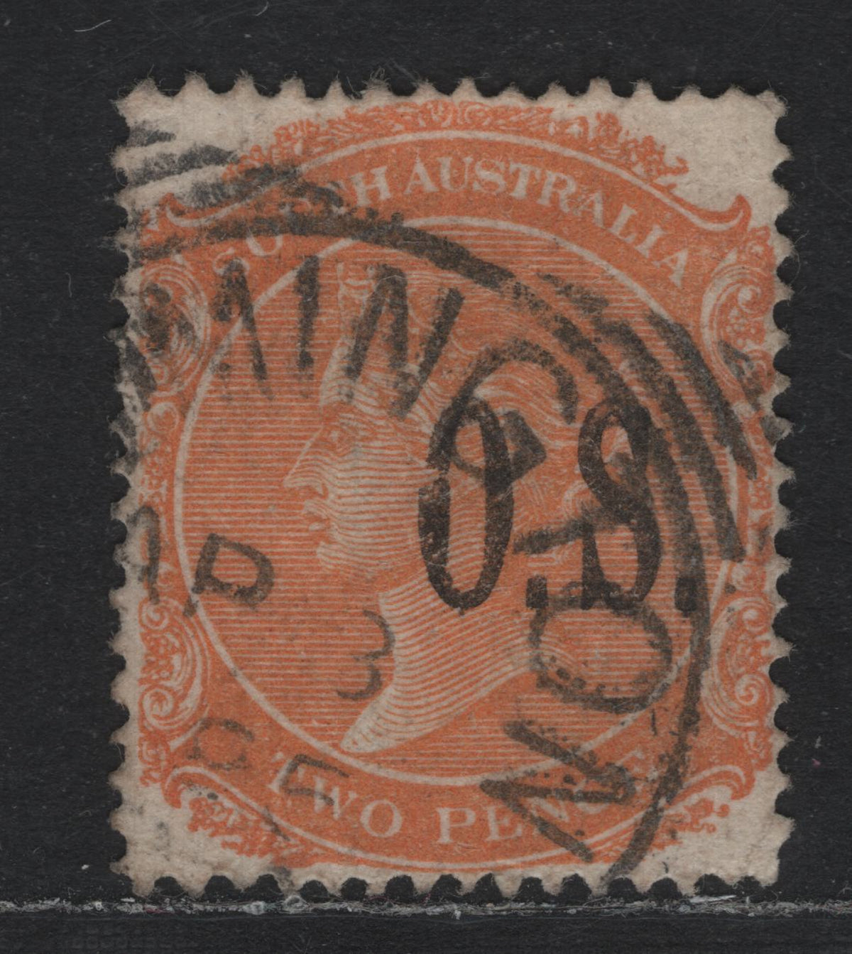Lot 140 Australia - South Australia SG#O57var 2d Orange Red , 1876-1904 Queen Victoria Surface Printed Sideface Issue, A Very Fine Used Single, Type 2 OS Overprint, Showing Overprint Shifted over to The Right Of the Stamp