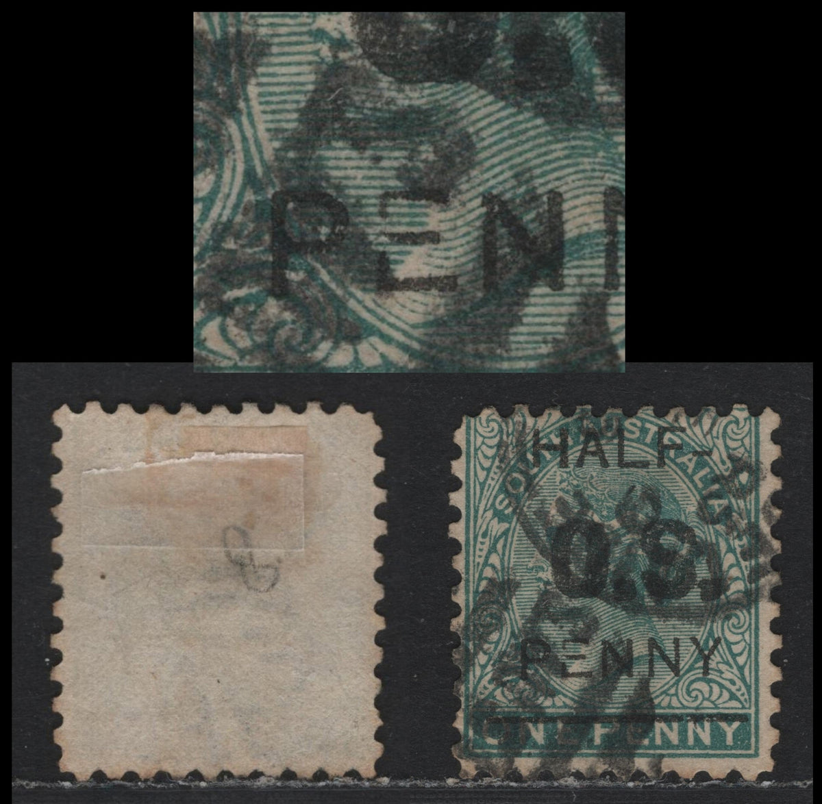 Lot 141 Australia - South Australia SG#O48var 1/2d on 1d Green , 1876-1904 Queen Victoria Surface Printed Sideface Issue, A Very Good Used Single, Showing Fractured E Variety From Pos 4 In Overprint
