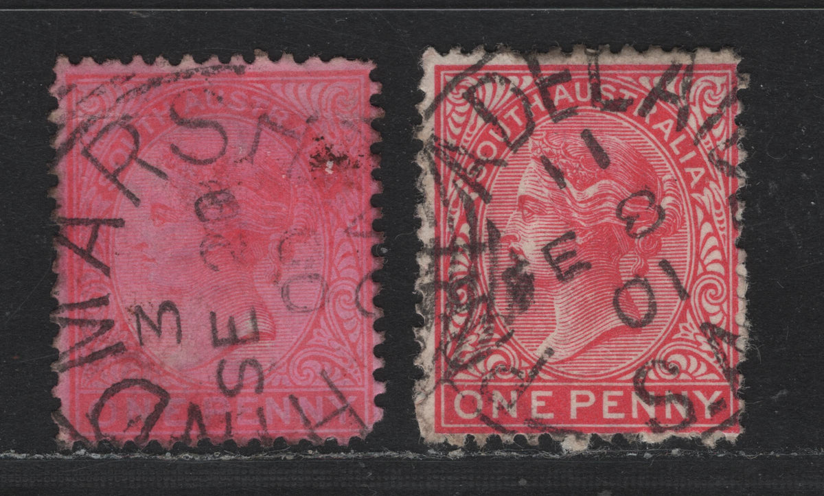 Lot 143 Australia - South Australia SG#176 1d Rosine , 1876-1904 Queen Victoria Surface Printed Sideface Issue, 2 Fine Used Singles, Common Squared Circle Cancels, UnusuallyClear & Clean Strike, Hindmarsh Sept 29 1900 & Port Adelaide February 8 1901.