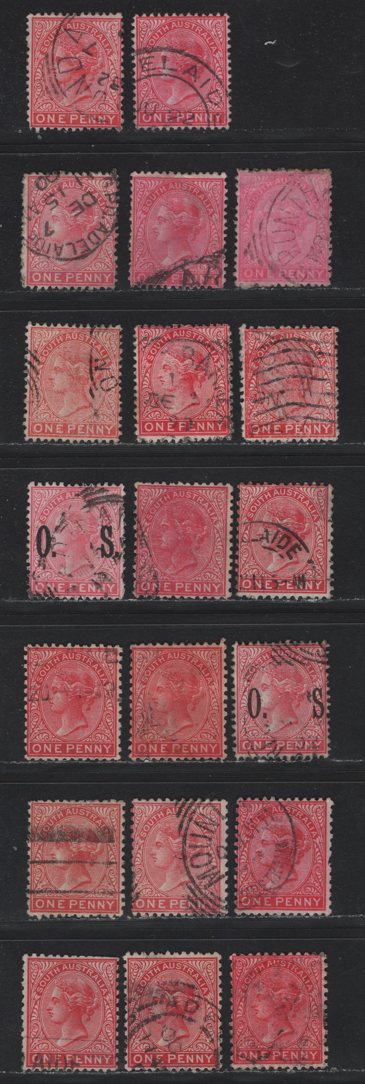 Lot 144 Australia - South Australia SG#176-b, 179,a, O81, 294,a 1d Rosine - Deep Red , 1876-1904 Queen Victoria Surface Printed Sideface Issue, 20 Fine/Very Fine Used Singles, Crown Over SA Wmk Perfs 13 & 12x11.2, Crown Over A perf 12x11.5