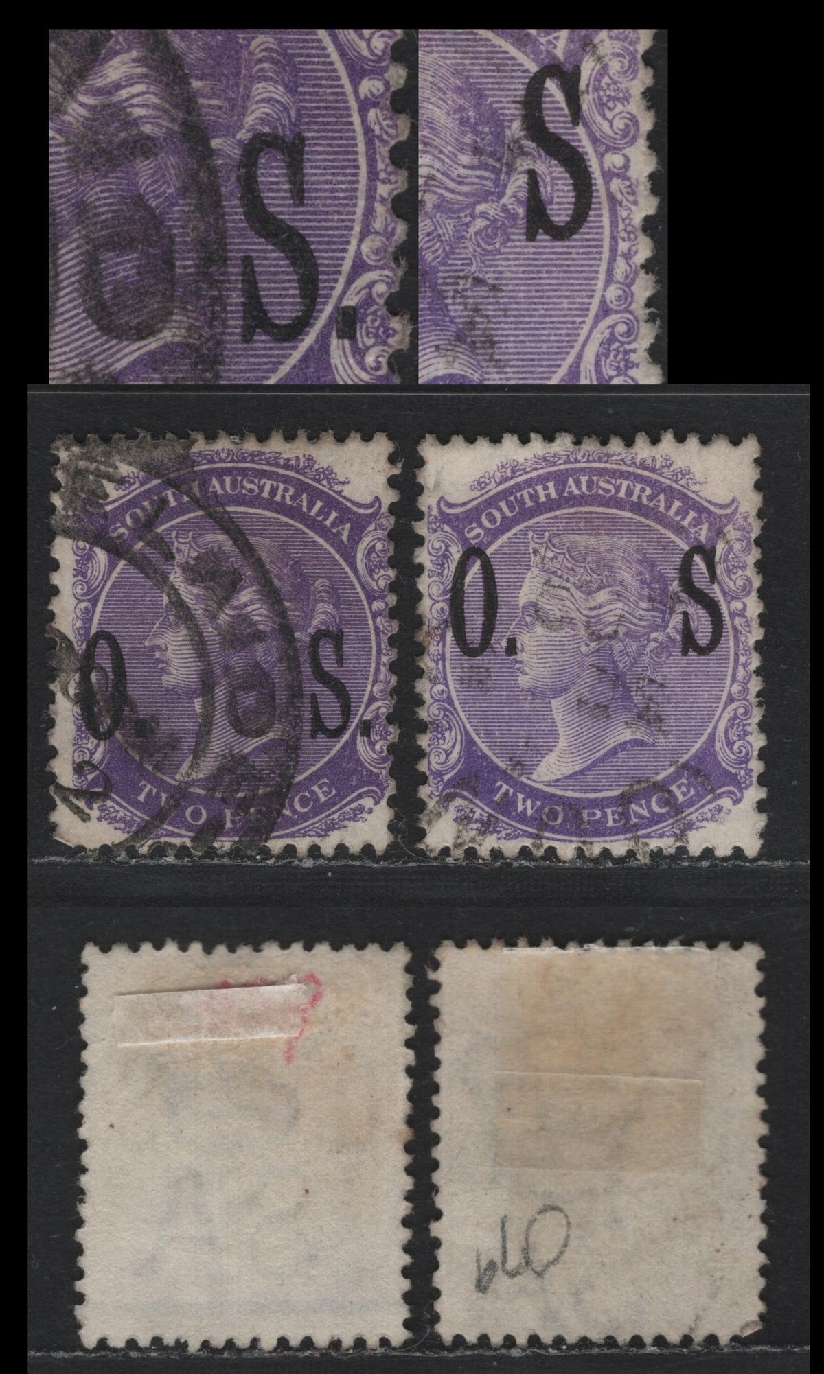Lot 145 Australia - South Australia SG#O82, O82c 2d Violet , 1876-1904 Queen Victoria Surface Printed Sideface Issue, 2 Fine/Very Fine Used Singles, Perf 13, Crown over SA Wmk, One Normal Overprint, Other With No Period After 'S'.