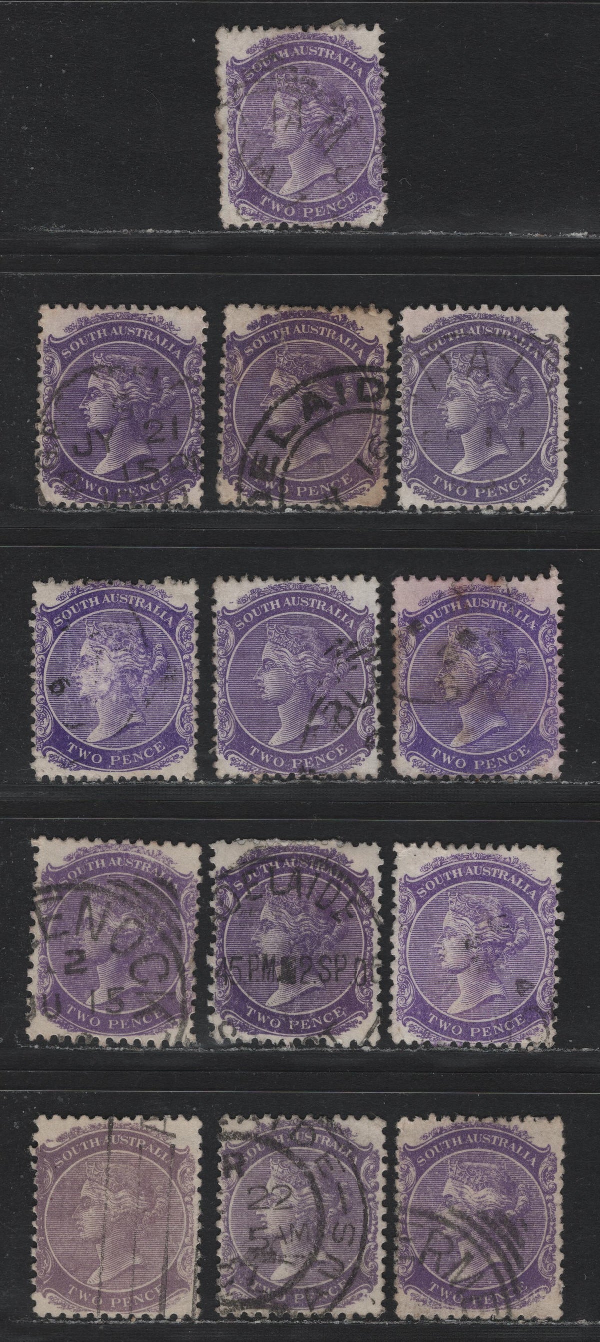 Lot 148 Australia - South Australia SG#178, 180, 295, 295a 2d Bright Violet - Mauve , 1876-1912 Queen Victoria Sideface - GPO Adelaide Issues, 13 Very Fine Used Singles, Wide Range of Shades, Perfs 13 & 12x11.5, Crown Over SA & Crown Over A Wmks.