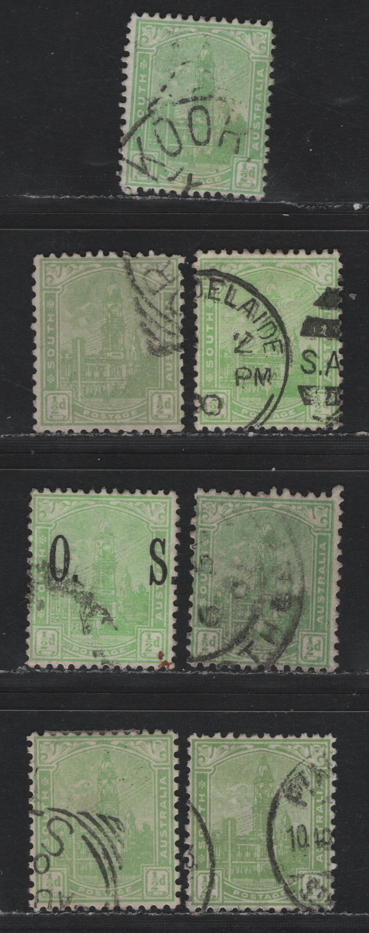 Lot 149 Australia - South Australia (C)SG#O80, 241, 242, 293,b 1/2d Yellow Green - Pale Green , 1899-1912 GPO Adelaide Definitives, 7 Fine/Very Fine Used Singles, Perfs 13 & 12x11.5, Crown Over SA & Crown Over A Wmks