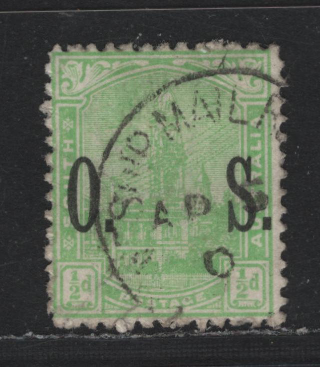 Lot 150 Australia - South Australia SG#O80 1/2d Pale Yellow Green , 1899-1912 GPO Adelaide Definitives, A Very Fine Used Single, Perf 13, Overprinted OS, April 5, 190(?) Cancel.