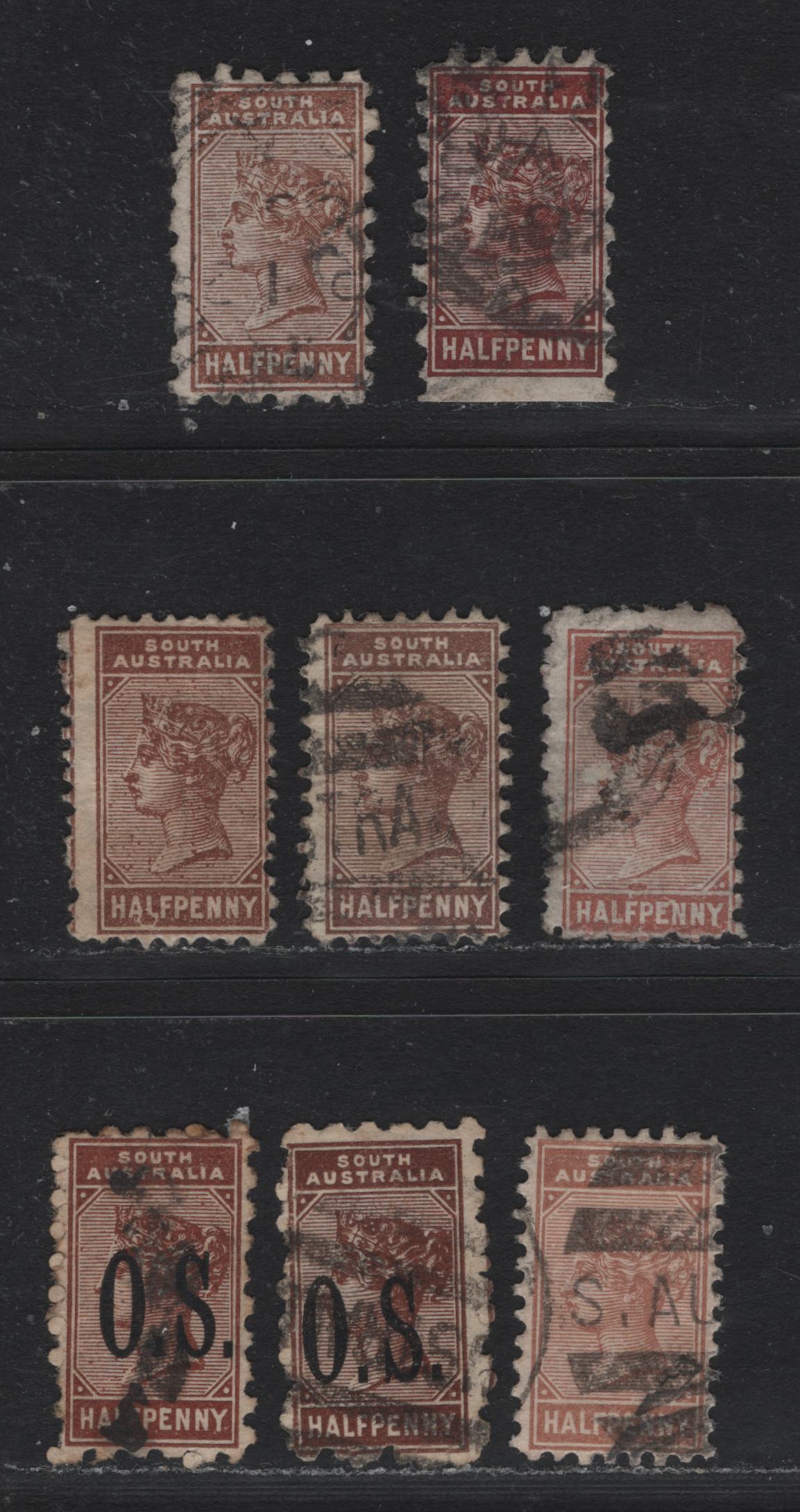 Lot 152 Australia - South Australia SG#182b,c, 187, 188a, 191, O60 1/2d Chocolate - Deep Brown , 1883-1899 Queen Victoria Sideface Issue, 8 Very Good/Fine/Very Fine Used Singles, Perfs 10, 11.5x12.5, 13 & 15, Normal & Overprinted OS