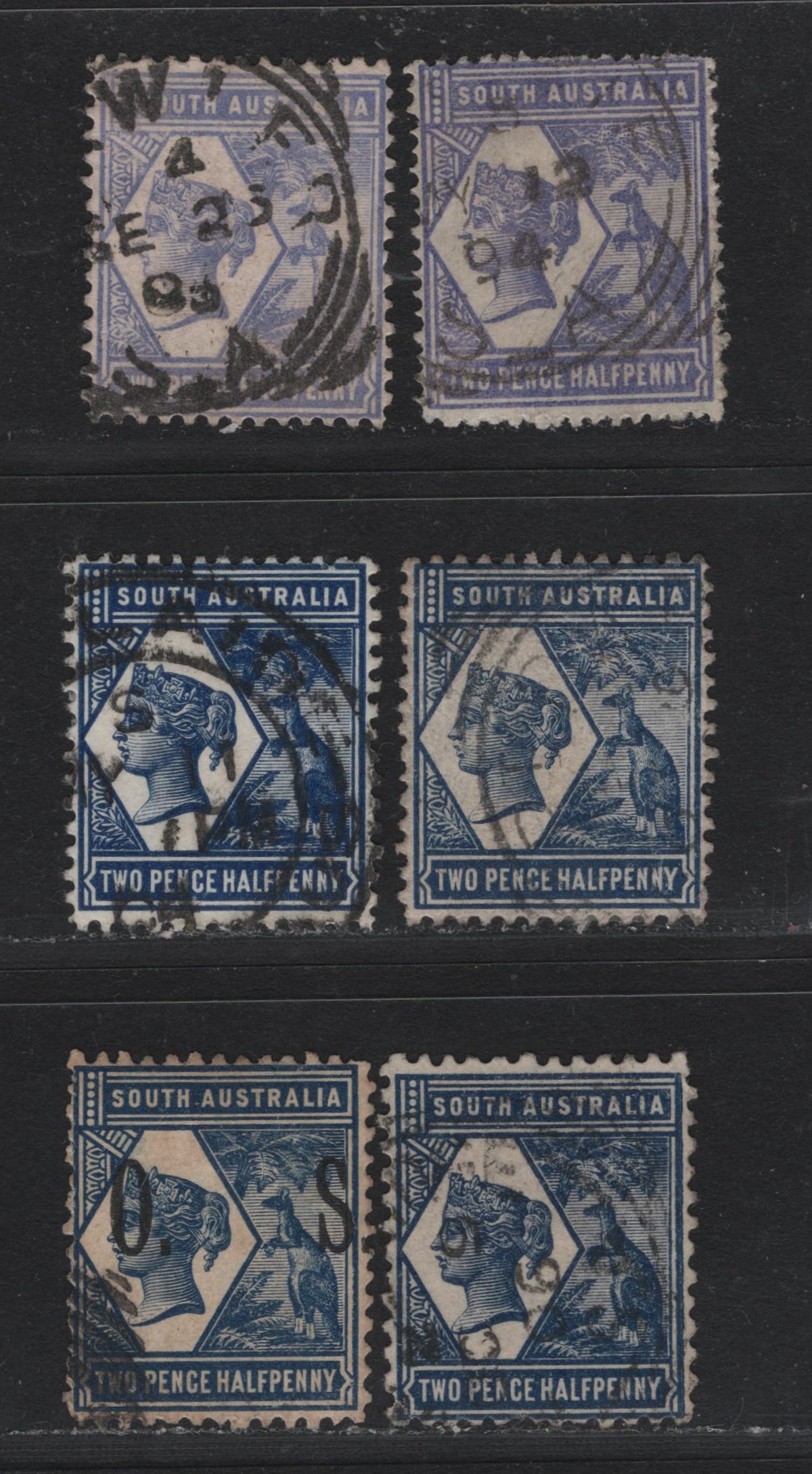 Lot 154 Australia - South Australia SG#234, 236-237, 239, O83 2.5d Violet Blue - Indigo , 1894-1906 Queen Victoria & Red Kangaroo Keyplates, 6 Fine/Very Fine Used Singles, Normal & Overprinted OS, Perfs 13, 15 & 12x11.5, Crown Over SA.