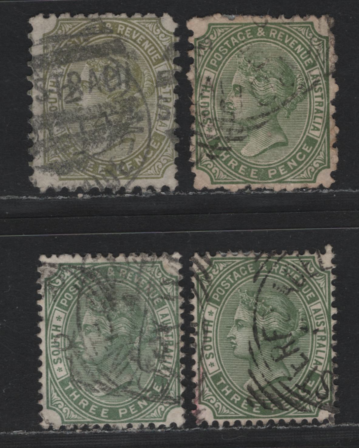 Lot 157 Australia - South Australia SG#183,a, 192,a 3d Sage Green - Deep Olive Green , 1883-1899 Queen Victoria Sideface Issue, 4 Very Good/Fine/Very Fine Used Singles, Perfs 10 & 13
