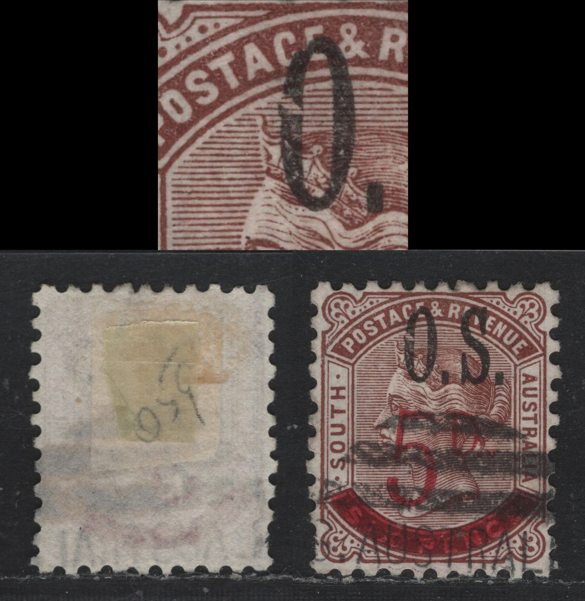 Lot 162 Australia - South Australia SG#O72var 5d on 6d Red Brown , 1891-1895 Surcharged issue, A Fine Used Single, Overprinted OS, Showing Broken O From Pos. 42 on the Sheet, Short Perf At Lower Left & Small Internal Wrinkle.