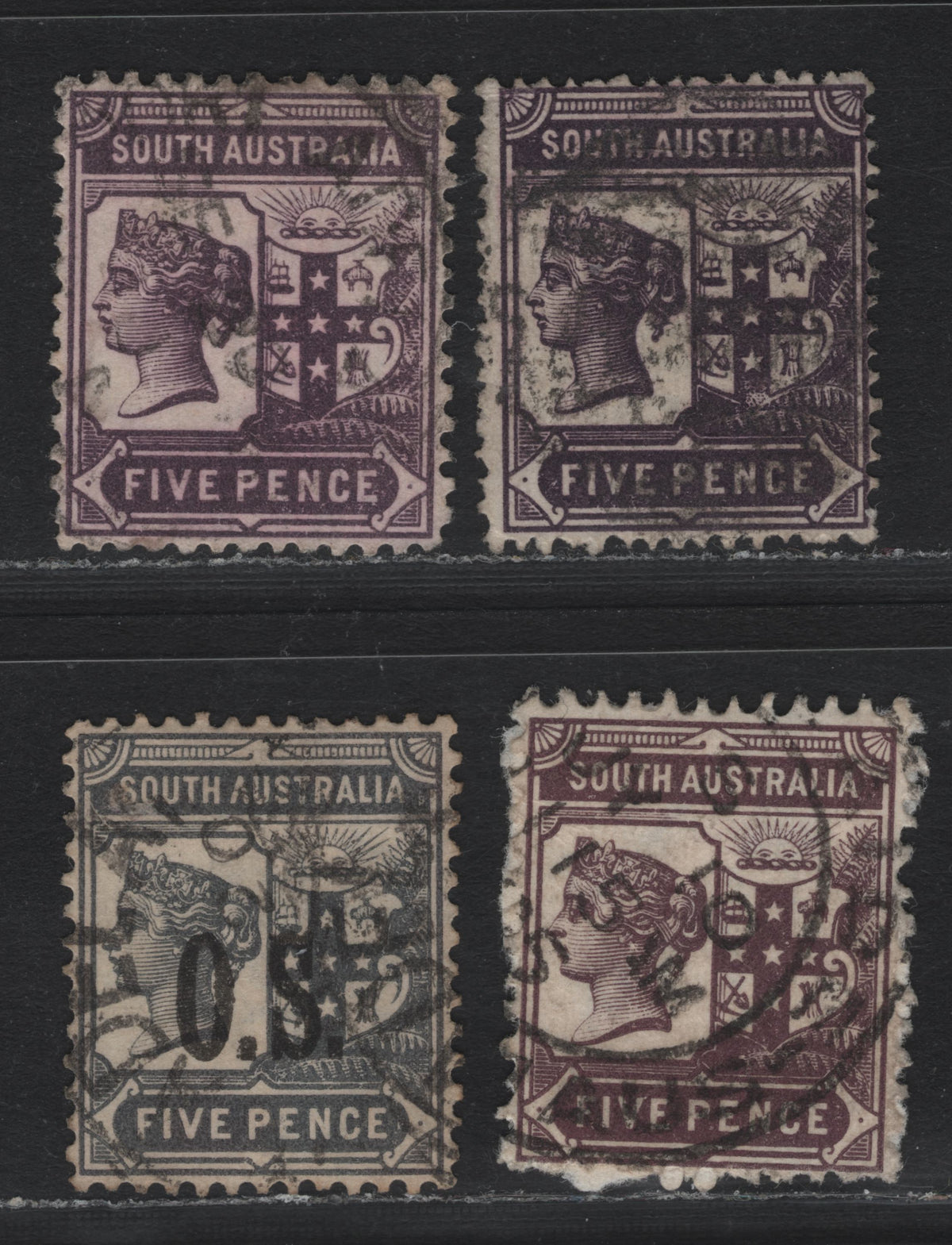 Lot 163 Australia - South Australia SG#235, 238a, 240, O76 5d Purple & Violet , 1894-1906 Queen Victoria & Arms Issue,  Fine/Very Fine Used Singles, Perfs 15, 13 & 12x11.5, Normal & Overprinted OS
