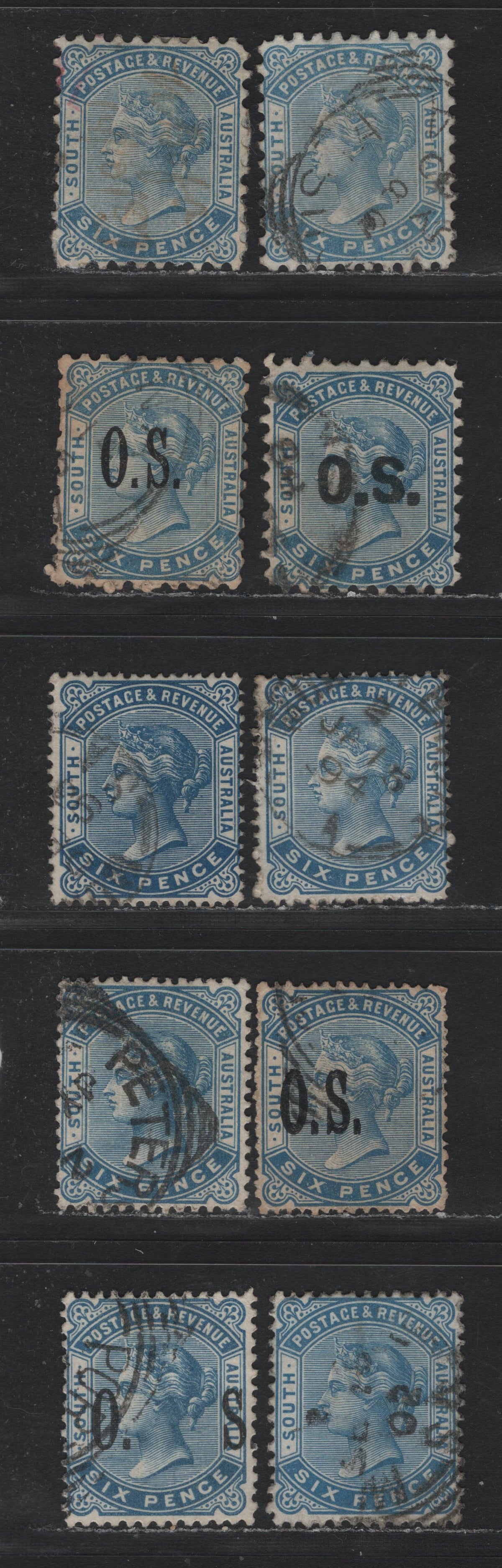 Lot 164 Australia - South Australia SG#185-a, O50, O62, 190, O67, 194-a, O85 6d Pale Blue - Blue , 1883-1899 Queen Victoria Sideface Issues,  Fine/Very Fine Used Singles, Perfs 10, 13 & 15, Normal & Overprinted OS