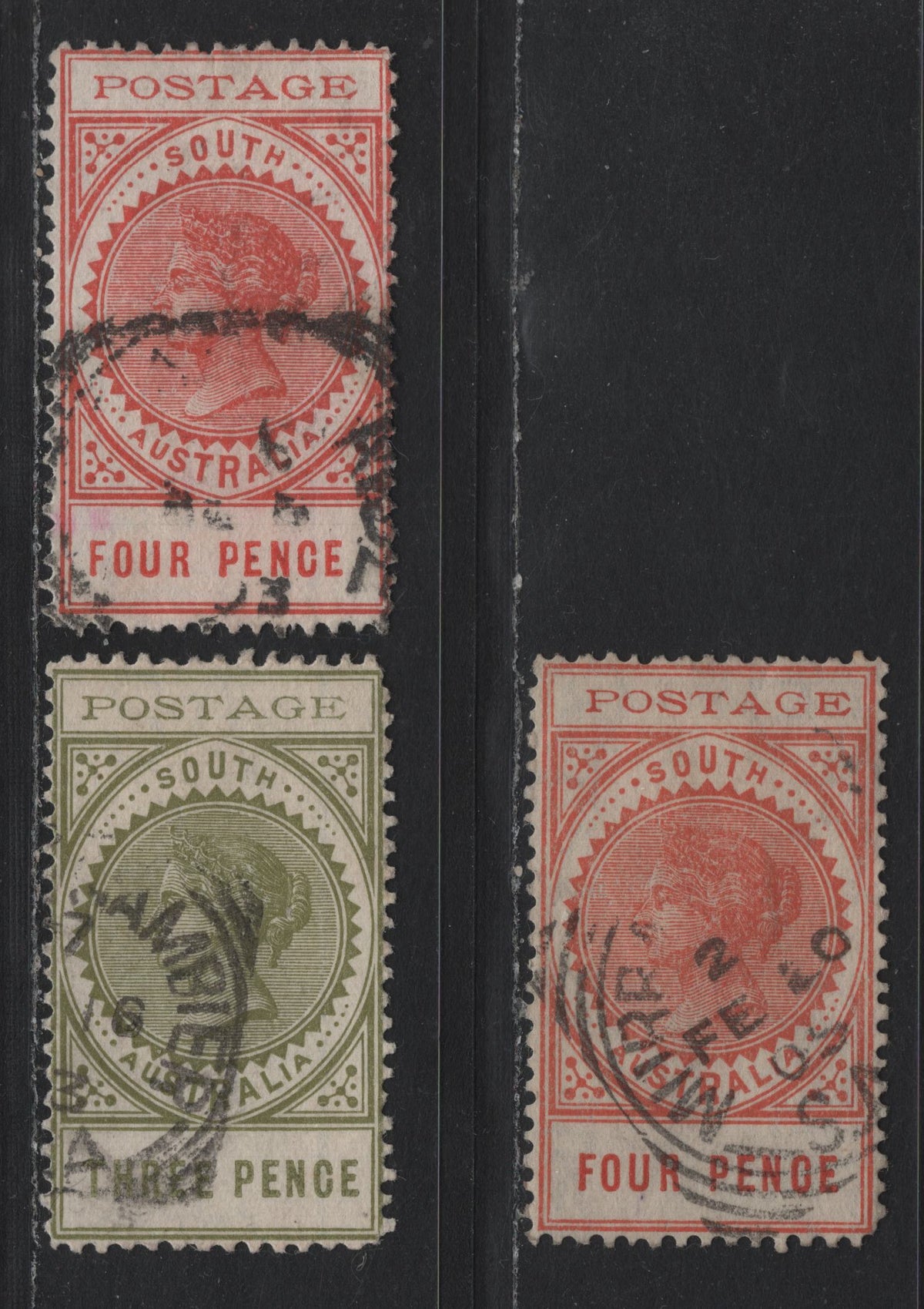 Lot 165 Australia - South Australia SG#281, 268-269 3d - 4d Olive Green - Red Orange , 1902-1904 Long Stamps With Thin Postage Issue, 3 Very Good/Very Fine Used Singles, Perfs 11.5-12.5 & 12, Crown Over SA Wmk