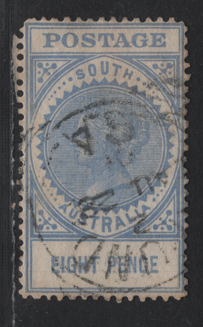 Lot 167 Australia - South Australia SG#285a 8d Bright Ultramarine , 1904-1911 Long Stamps With Thick Postage Issue, A Very Fine Used Single, Value Closer Variety, Occuring 6 Times per Sheet, Which The Value Measures 15.25mm Wide, Crown Over SA Wmk.